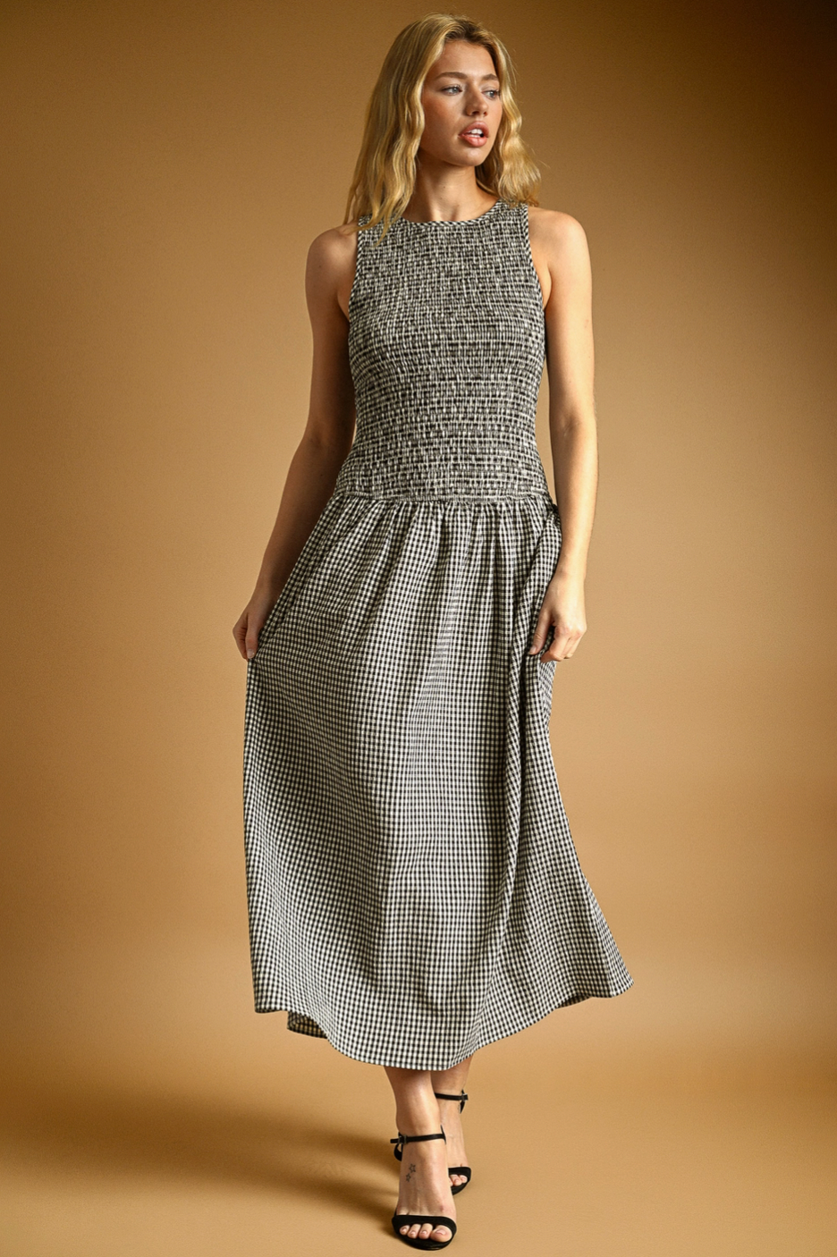 Black Mini Gingham Pattern Sleeveless Dress