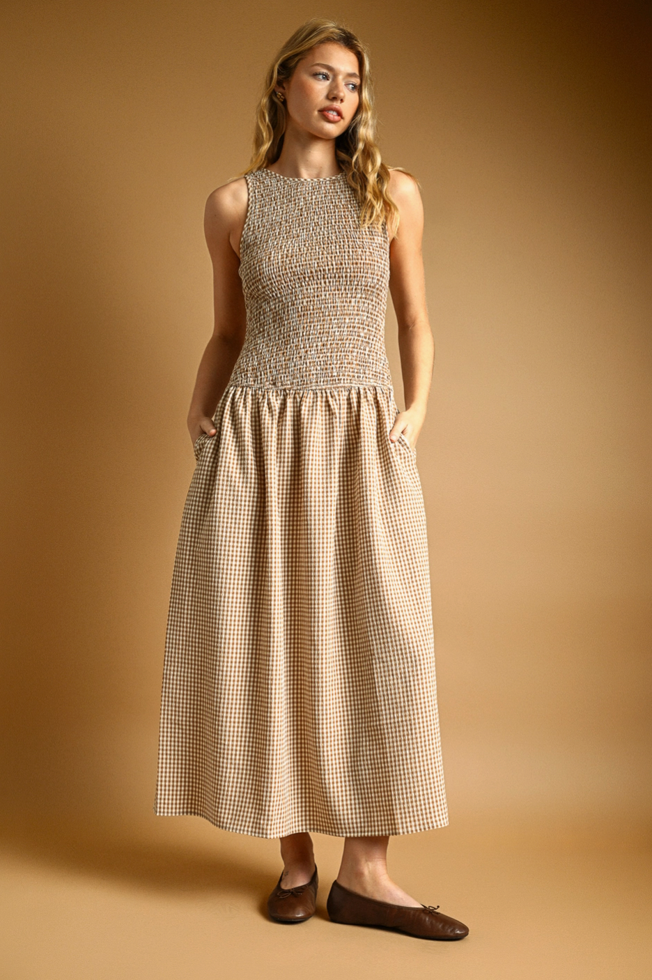 Mocha Mini Gingham Pattern Sleeveless Dress