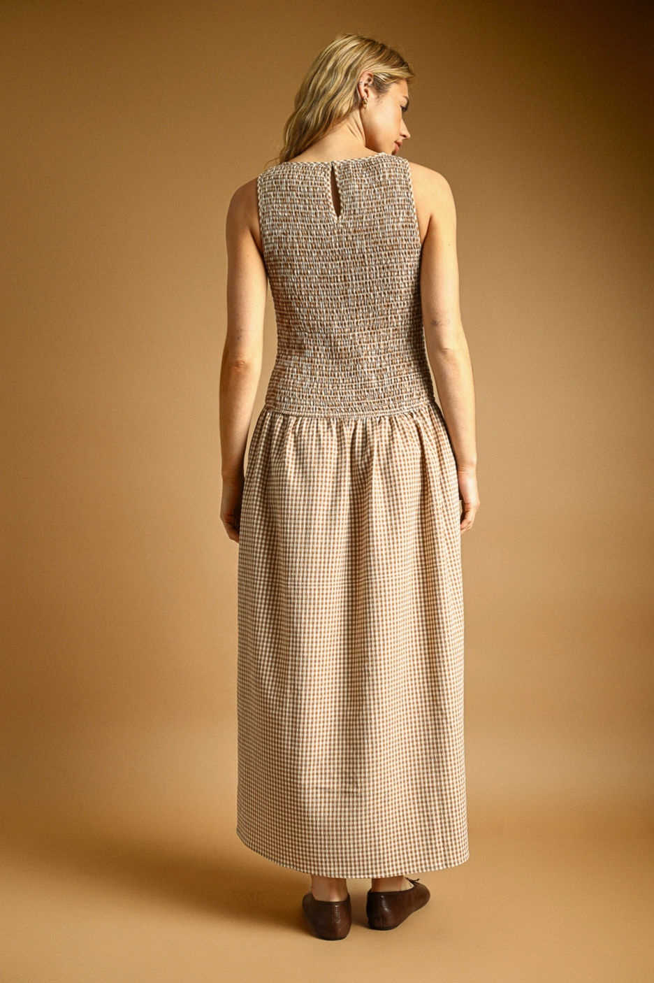 Mocha Mini Gingham Pattern Sleeveless Dress
