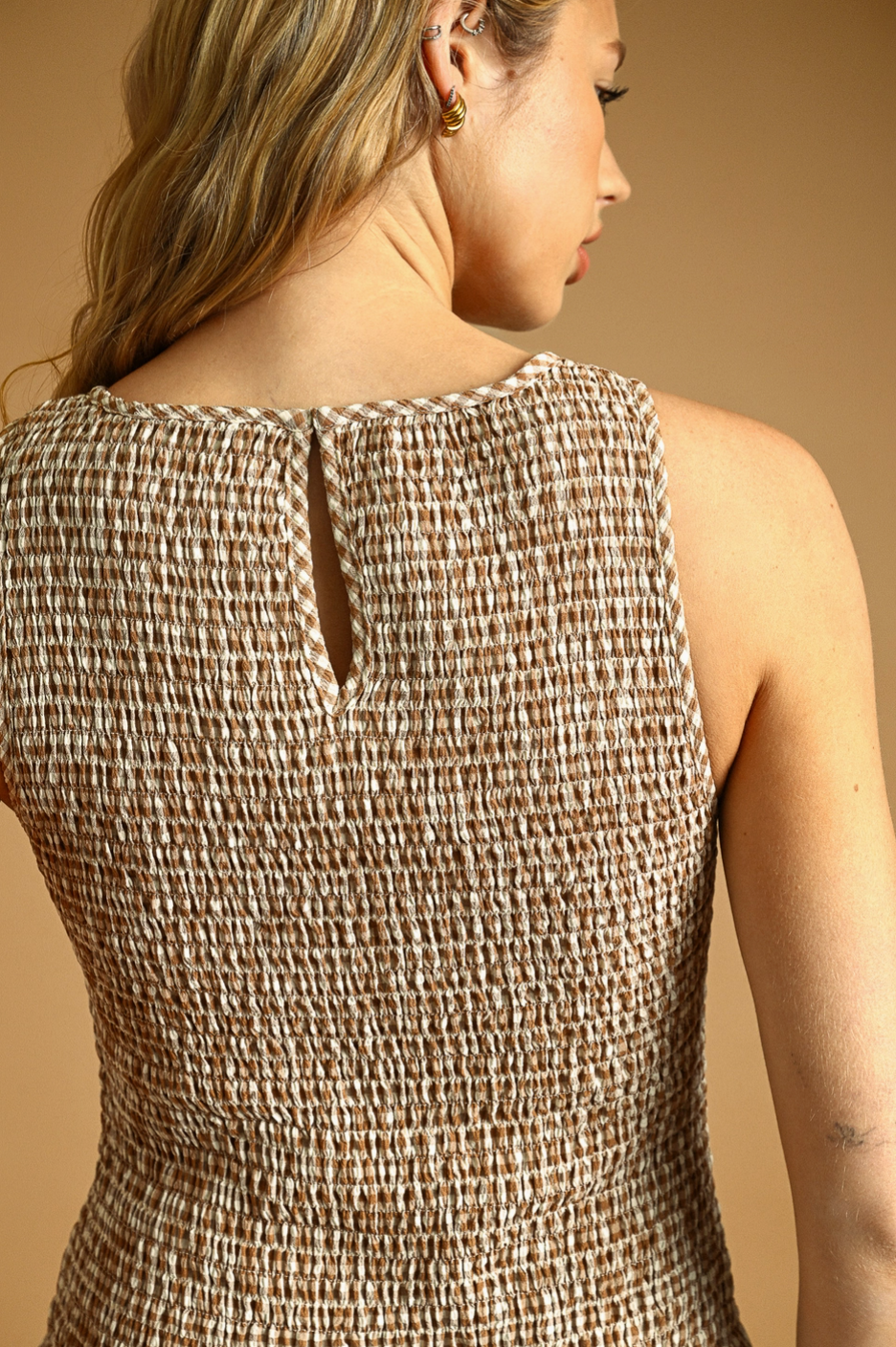 Mocha Mini Gingham Pattern Sleeveless Dress