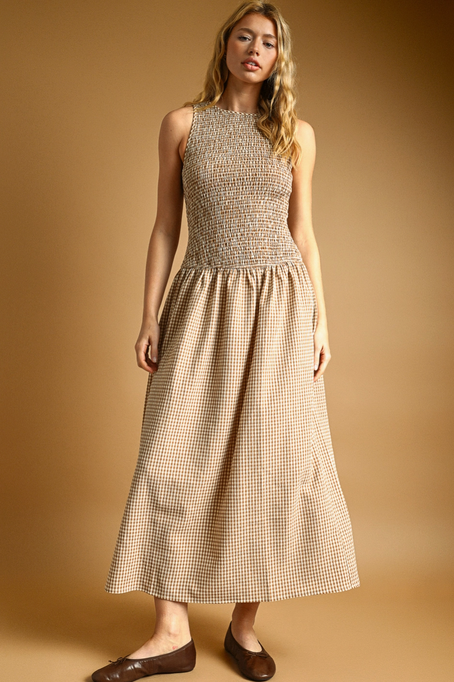 Mocha Mini Gingham Pattern Sleeveless Dress