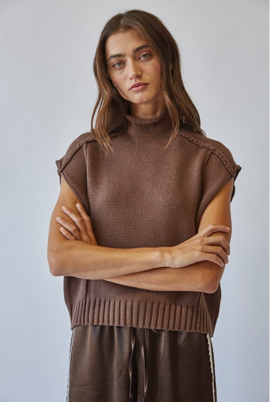 Mock Neck Exposed Seam Sweater Vest (Choco)