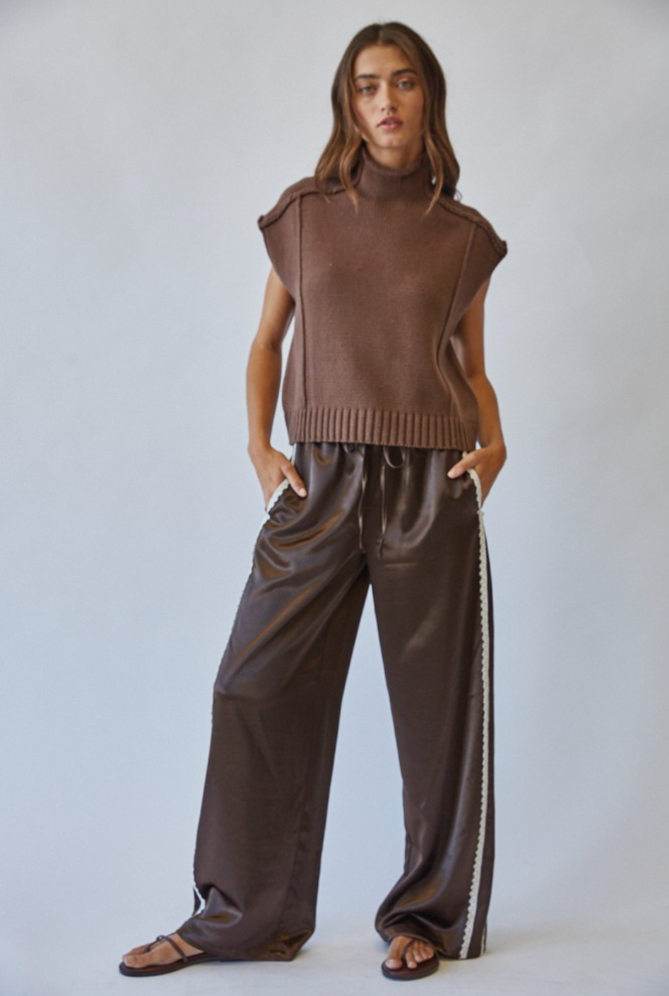 Mock Neck Exposed Seam Sweater Vest (Choco)