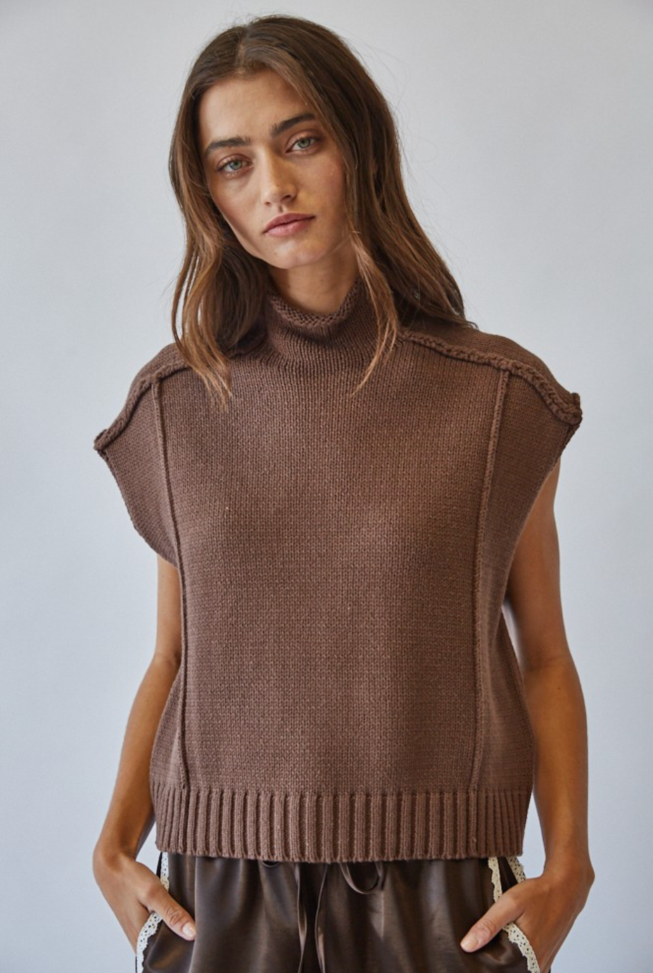 Mock Neck Exposed Seam Sweater Vest (Choco)