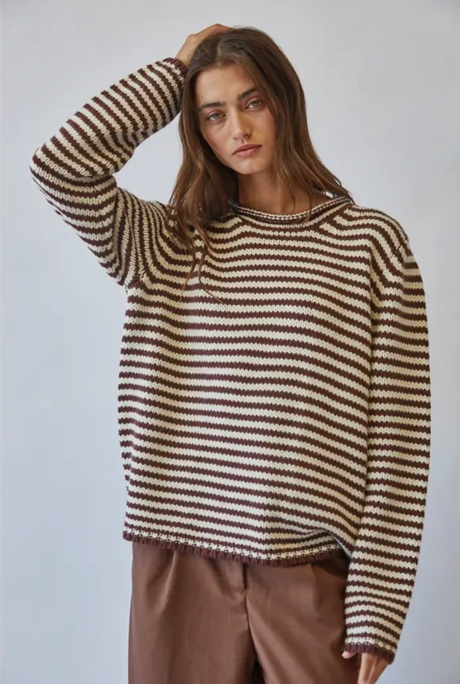Everyday Cozy Stripe Knit Sweater-Choco