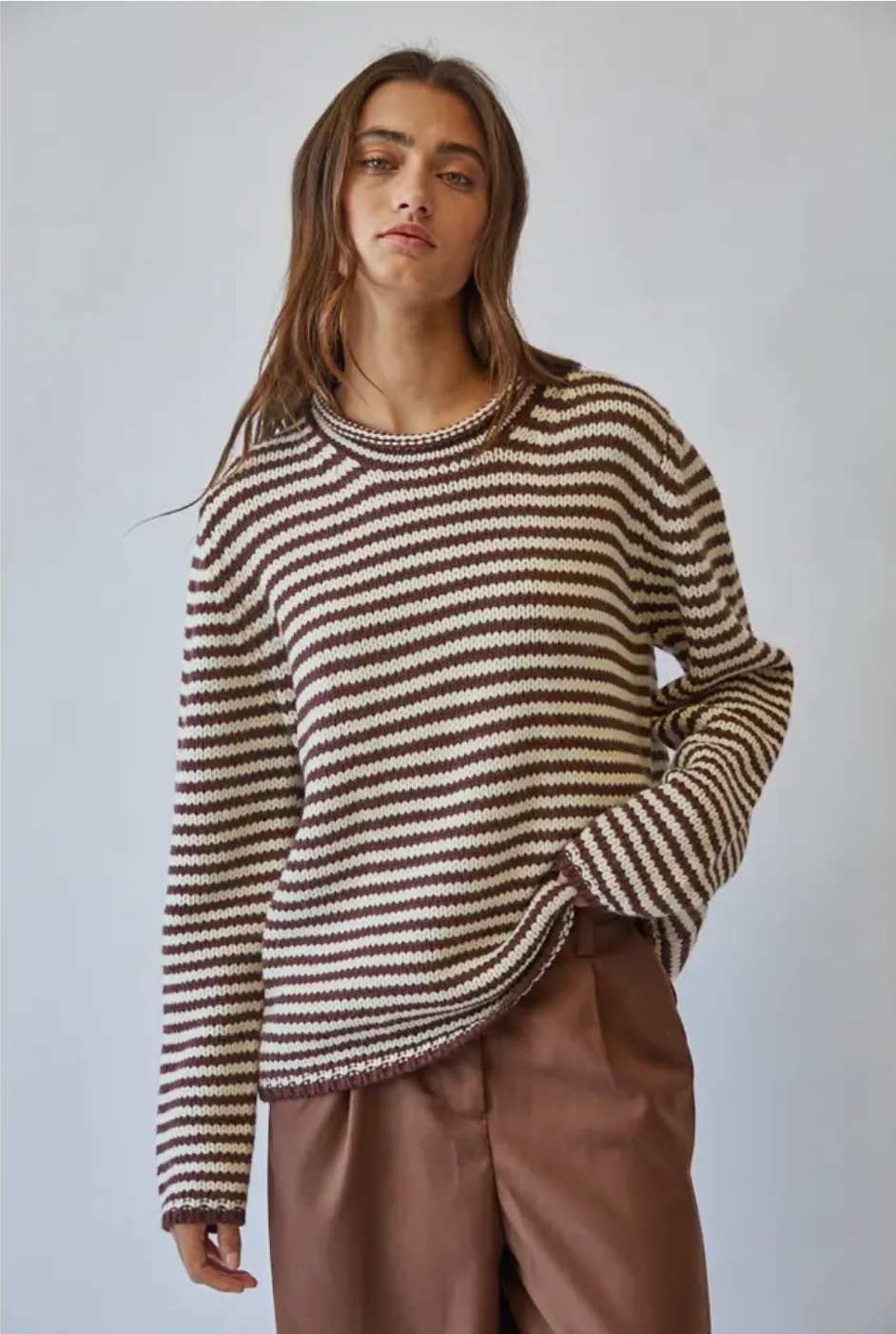 Everyday Cozy Stripe Knit Sweater-Choco