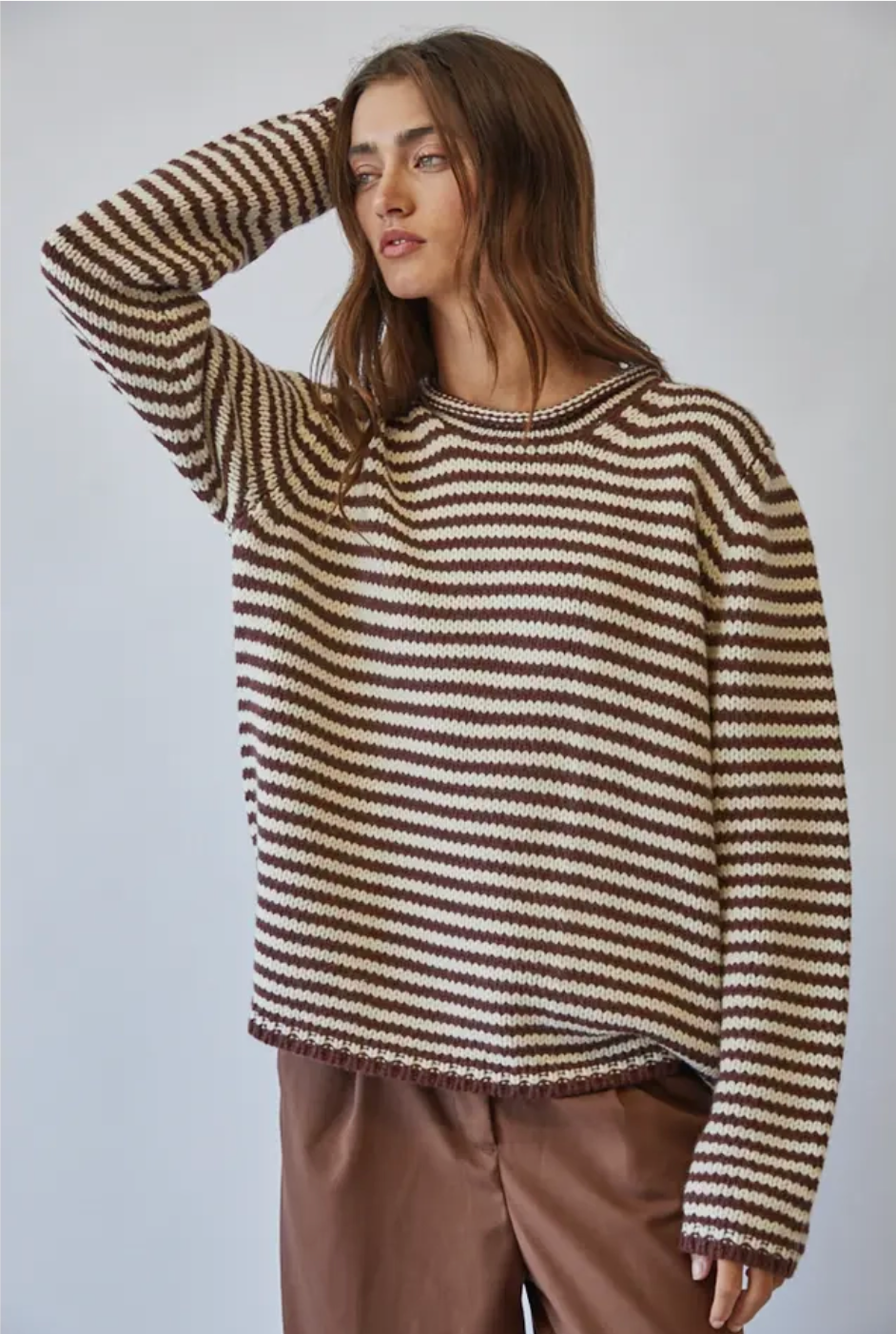 Everyday Cozy Stripe Knit Sweater-Choco
