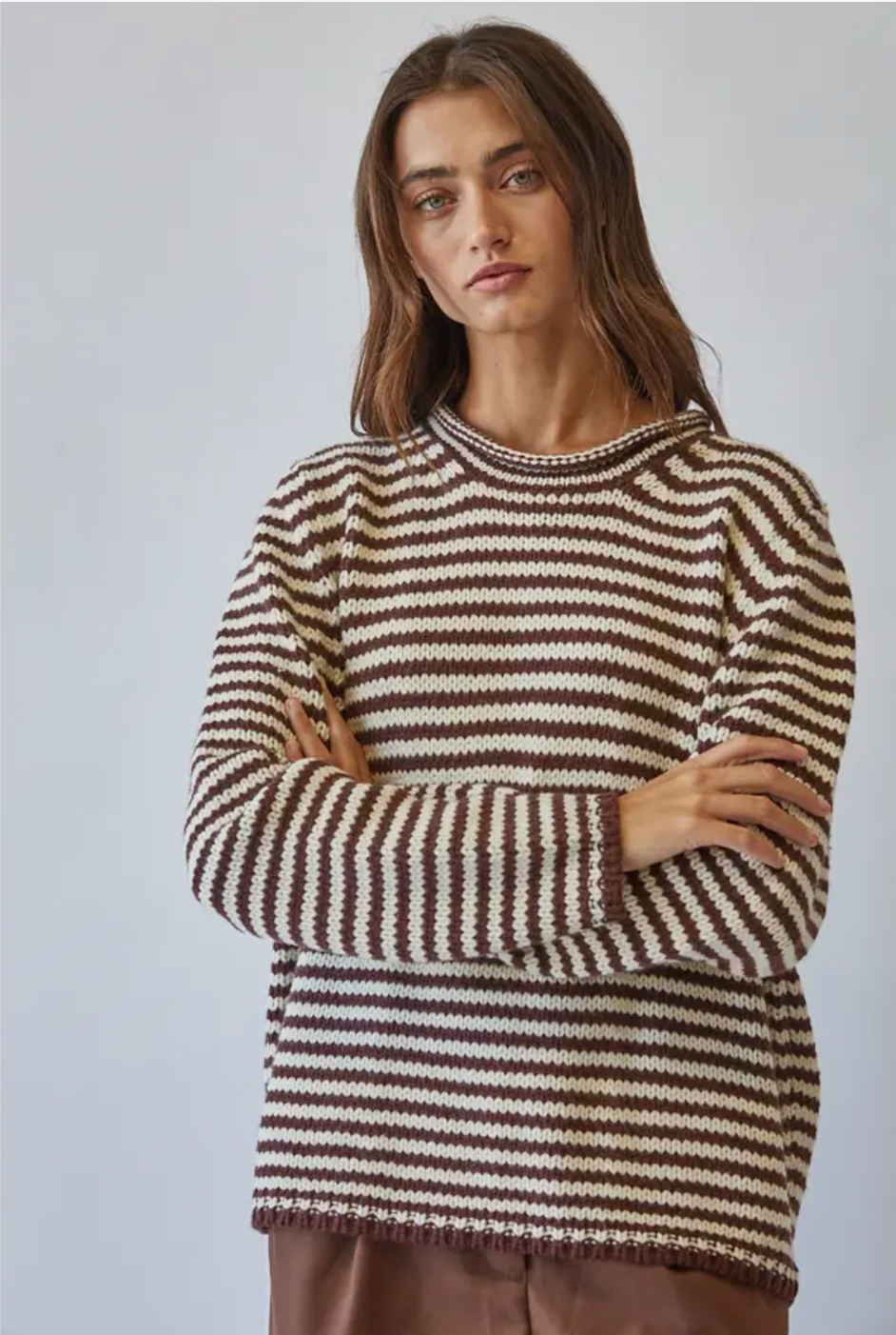 Everyday Cozy Stripe Knit Sweater-Choco