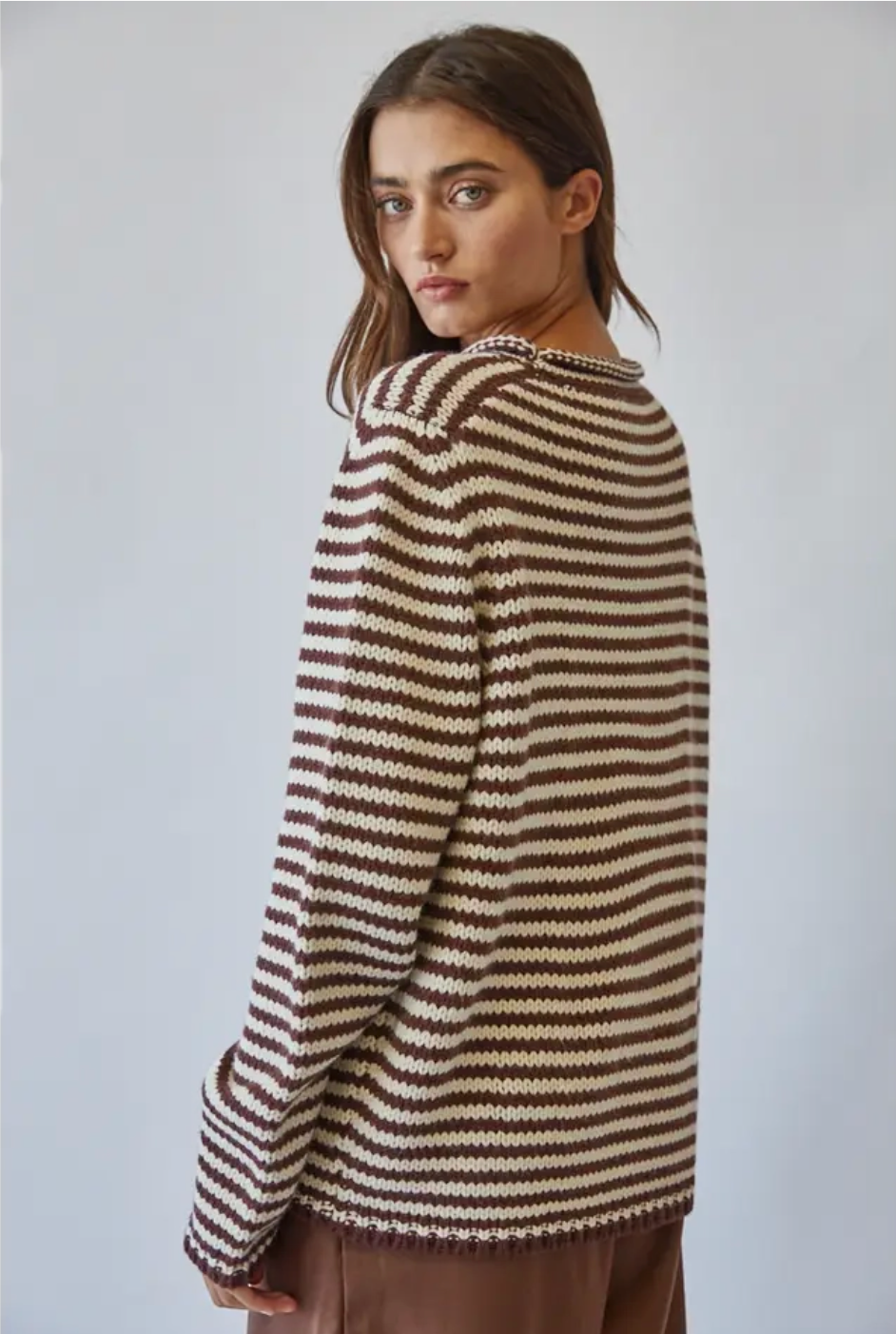 Everyday Cozy Stripe Knit Sweater-Choco