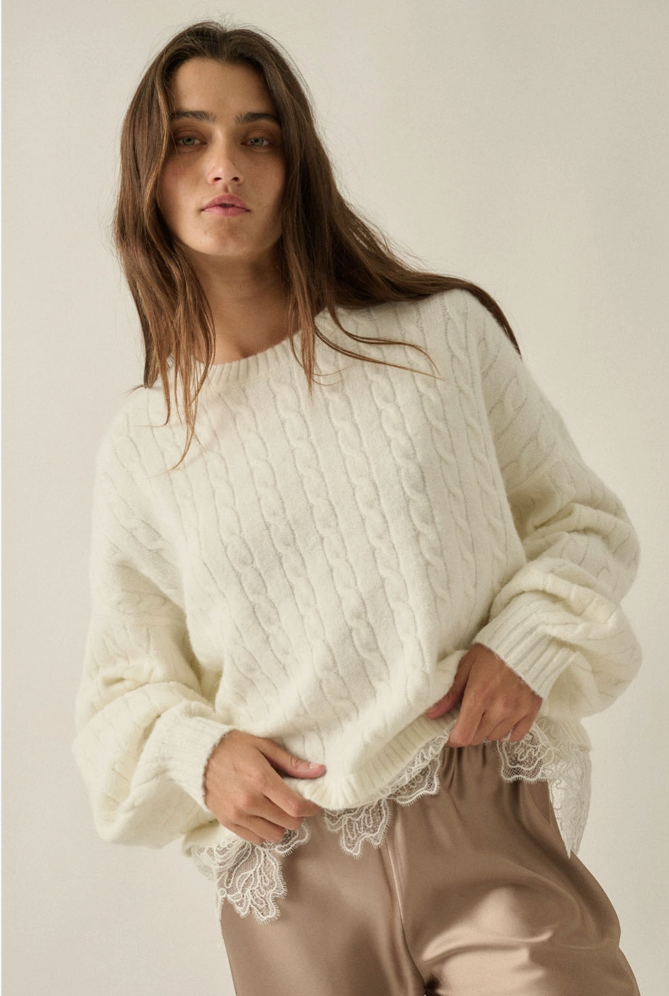 Cable Knit Crewneck Eyelash Lace Layered Hem Sweater