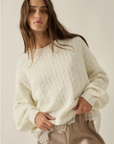Cable Knit Crewneck Eyelash Lace Layered Hem Sweater