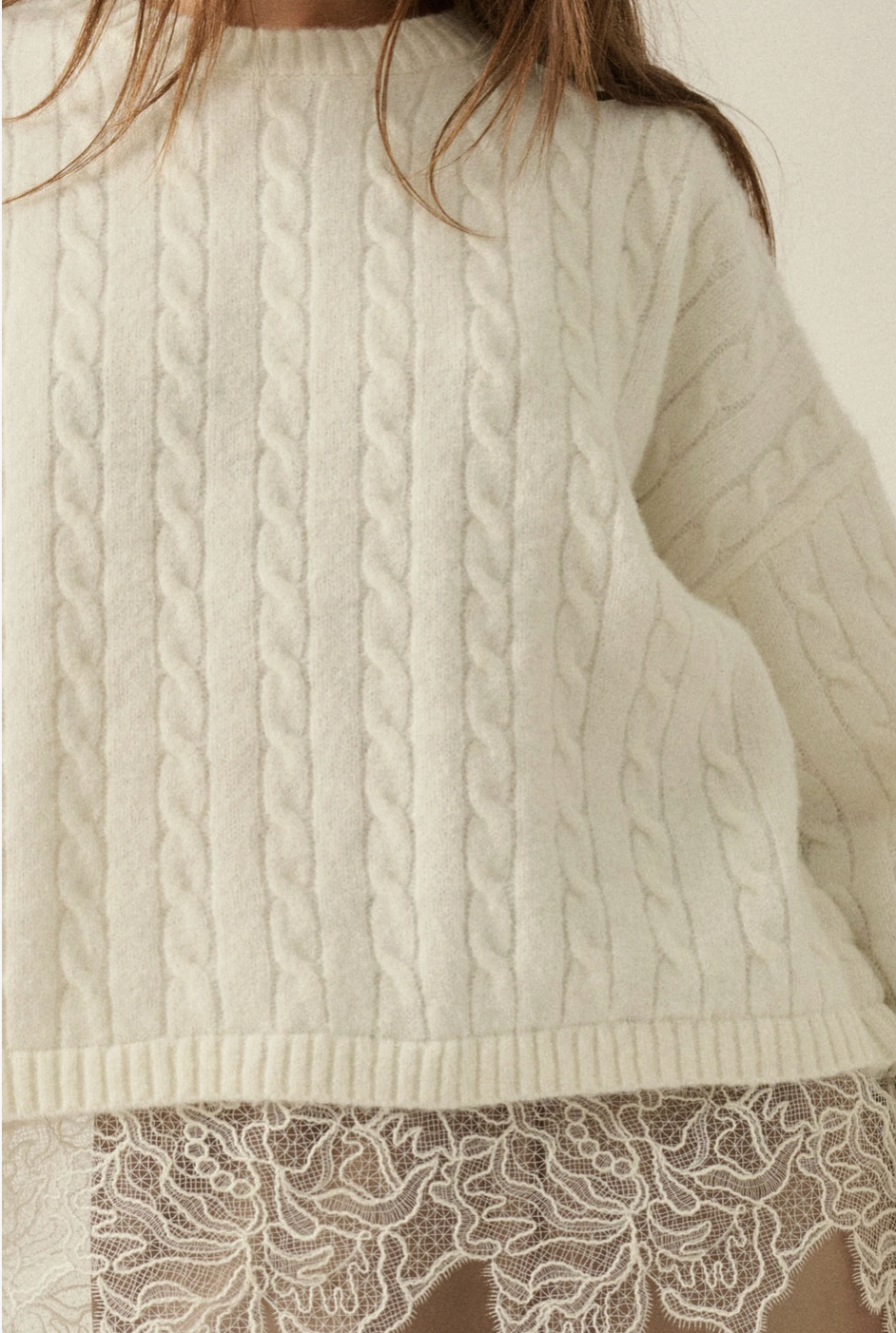Cable Knit Crewneck Eyelash Lace Layered Hem Sweater