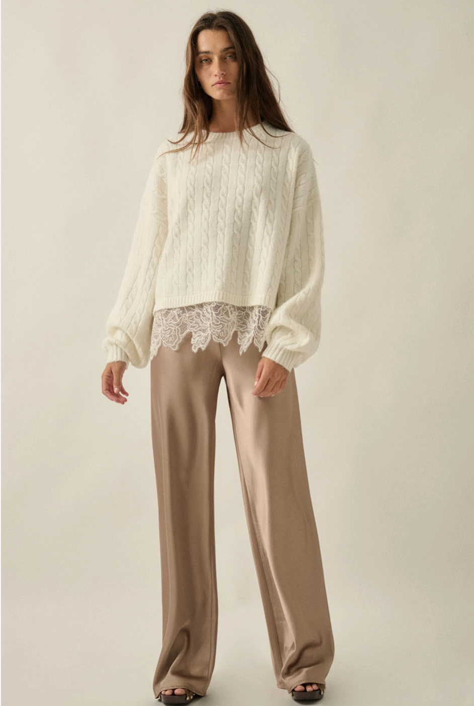Cable Knit Crewneck Eyelash Lace Layered Hem Sweater