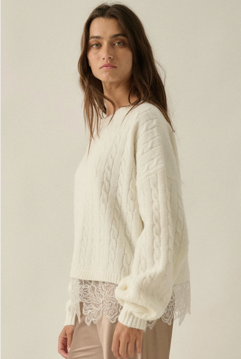 Cable Knit Crewneck Eyelash Lace Layered Hem Sweater