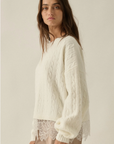Cable Knit Crewneck Eyelash Lace Layered Hem Sweater