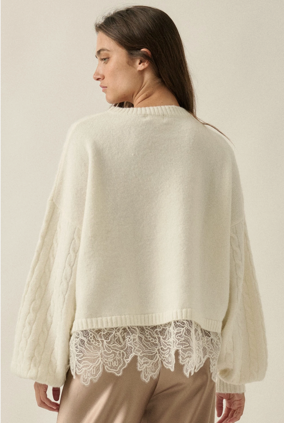 Cable Knit Crewneck Eyelash Lace Layered Hem Sweater