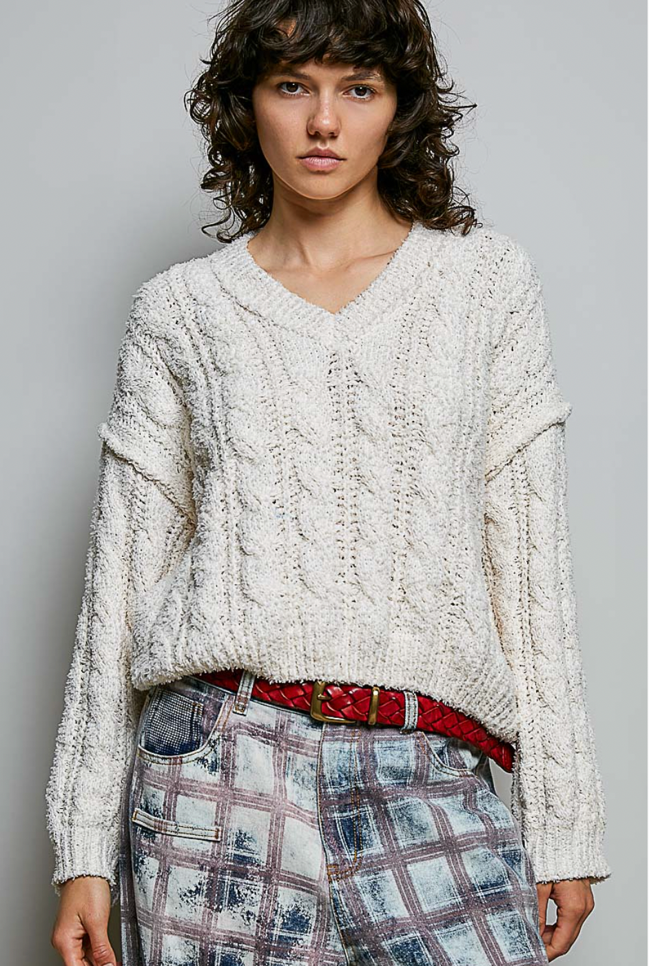 Semi-Cropped V-Neck Soft Sweater