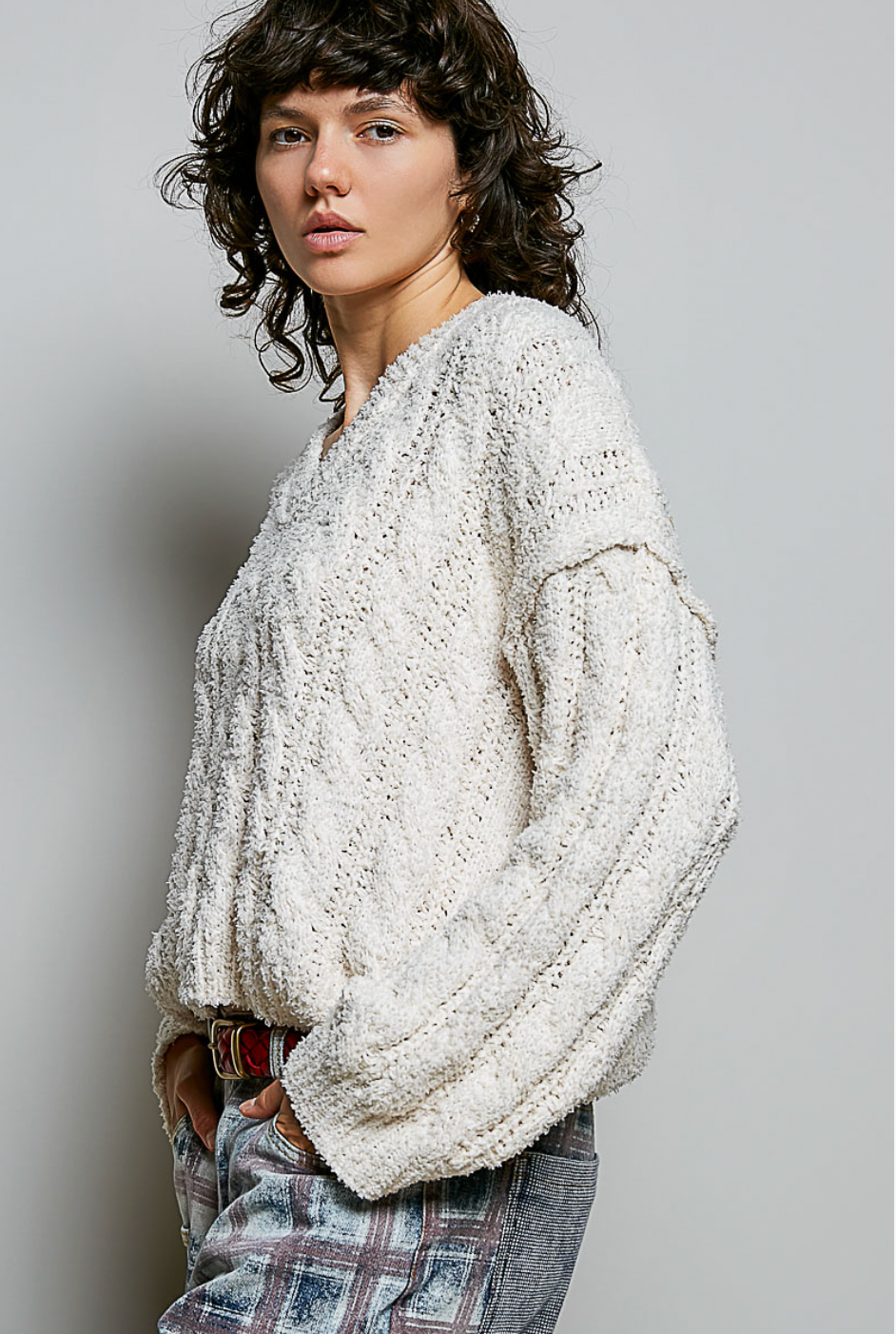 Semi-Cropped V-Neck Soft Sweater