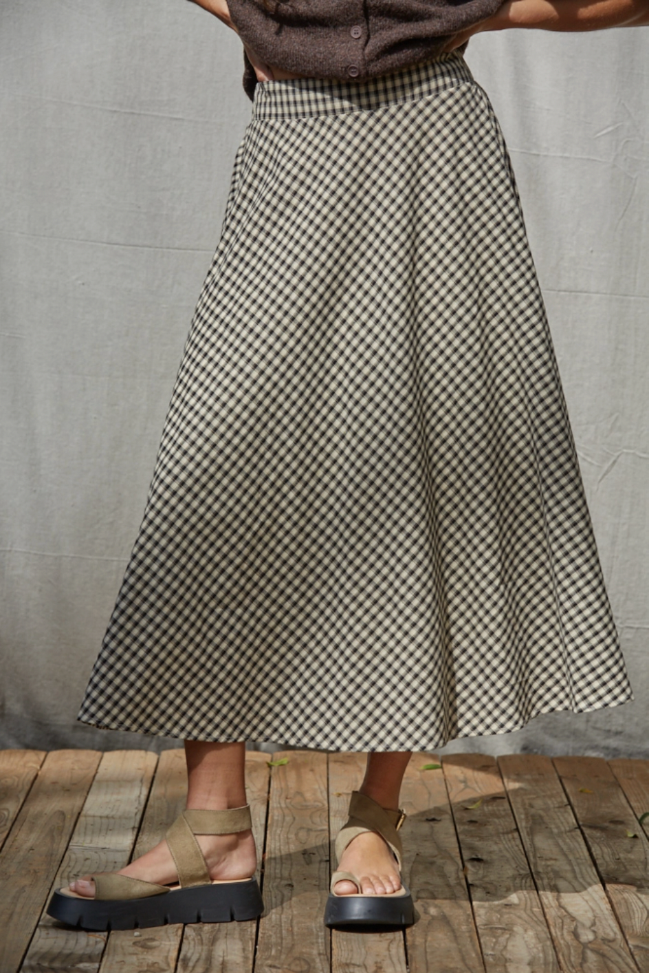 Woven Gingham Midi Skirt