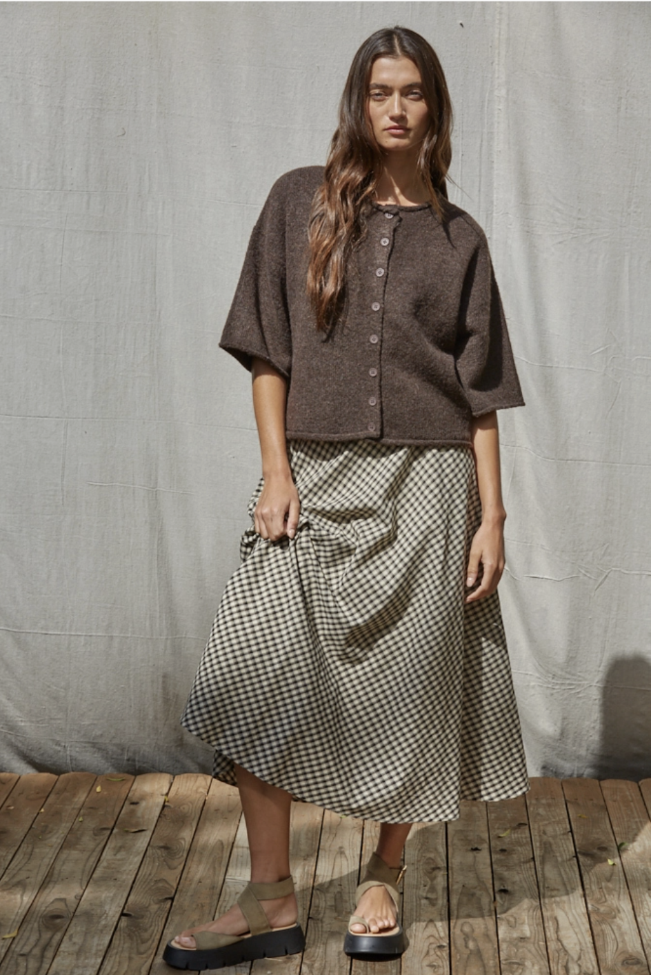Woven Gingham Midi Skirt