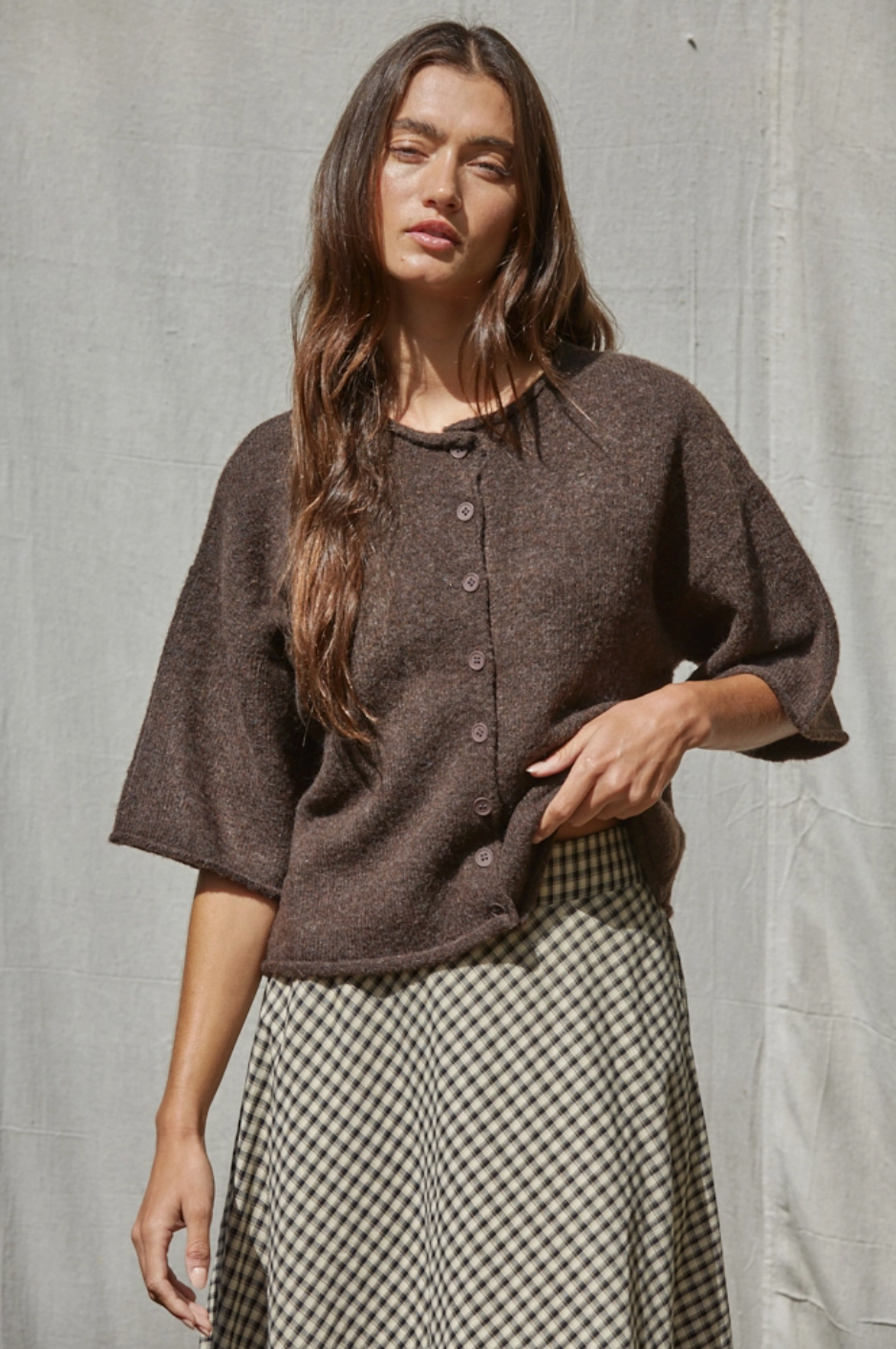 Espresso Quarter Sleeve Button Up Cardigan