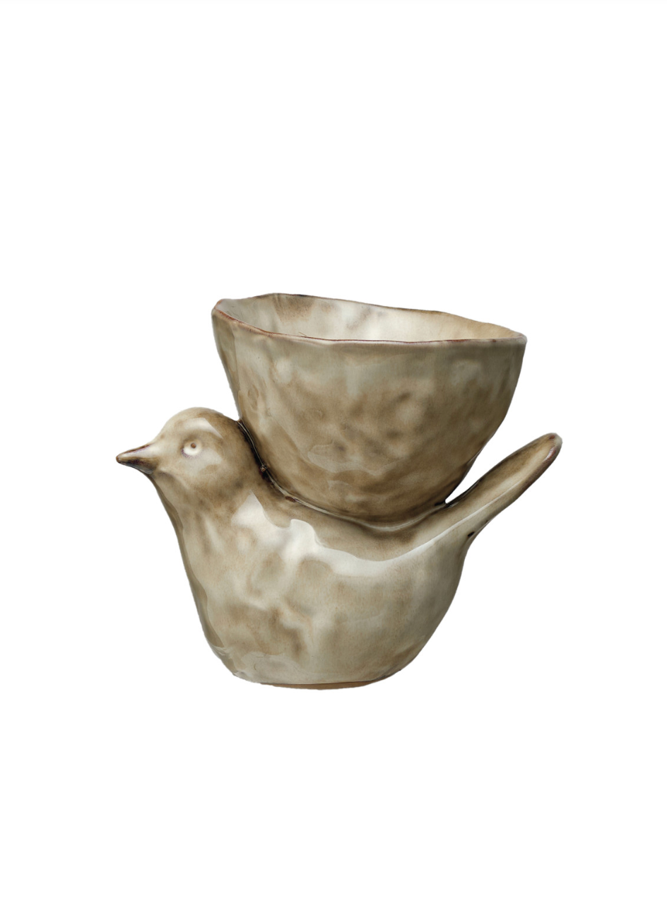 Stoneware Bird w/ Bowl, Cream Color