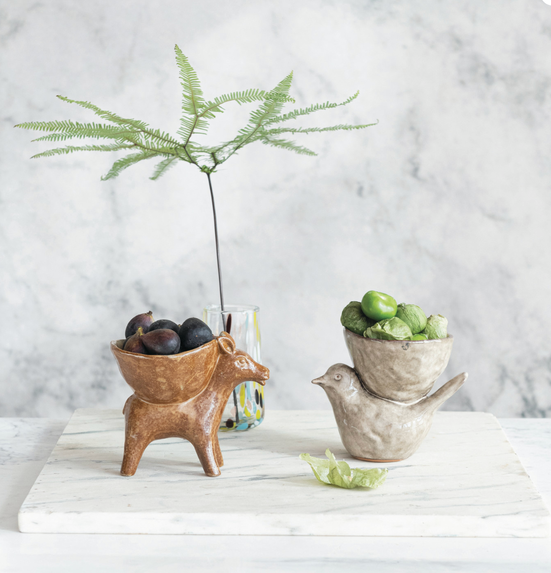 Stoneware Bird w/ Bowl, Cream Color