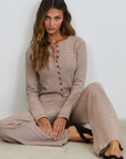 Brown Lounge Striped Button Down Top & Pants Set
