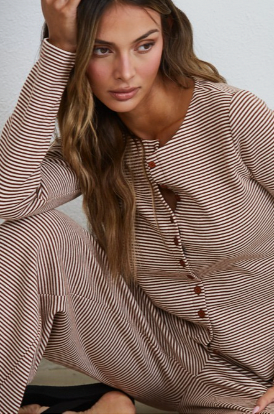 Brown Lounge Striped Button Down Top &amp; Pants Set