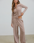 Brown Lounge Striped Button Down Top & Pants Set