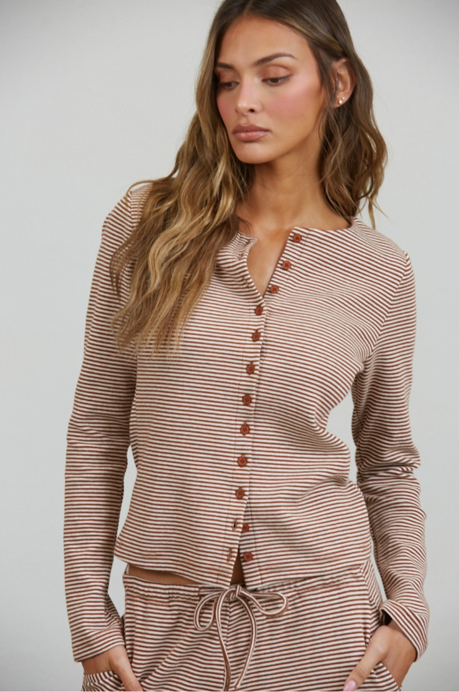 Brown Lounge Striped Button Down Top &amp; Pants Set
