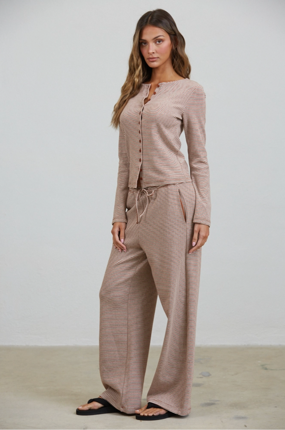 Brown Lounge Striped Button Down Top &amp; Pants Set