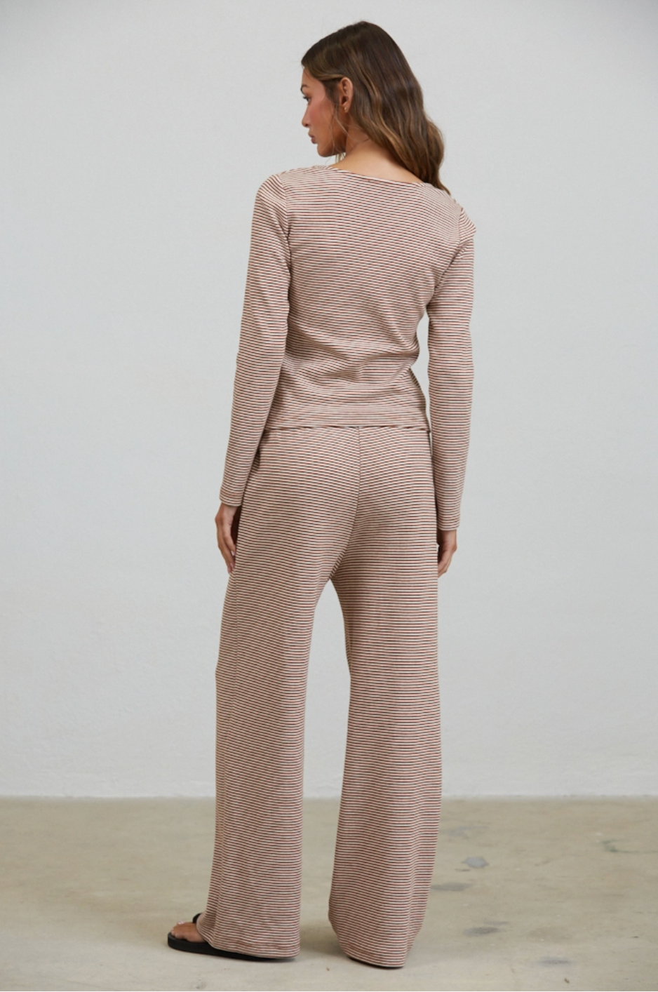 Brown Lounge Striped Button Down Top &amp; Pants Set