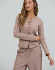 Brown Lounge Striped Button Down Top & Pants Set