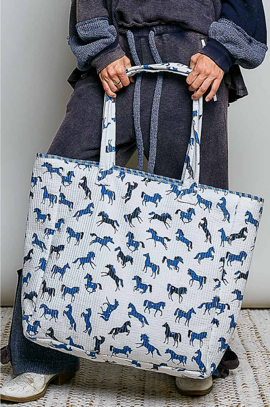 Blue Horse Quilted Tote Bag