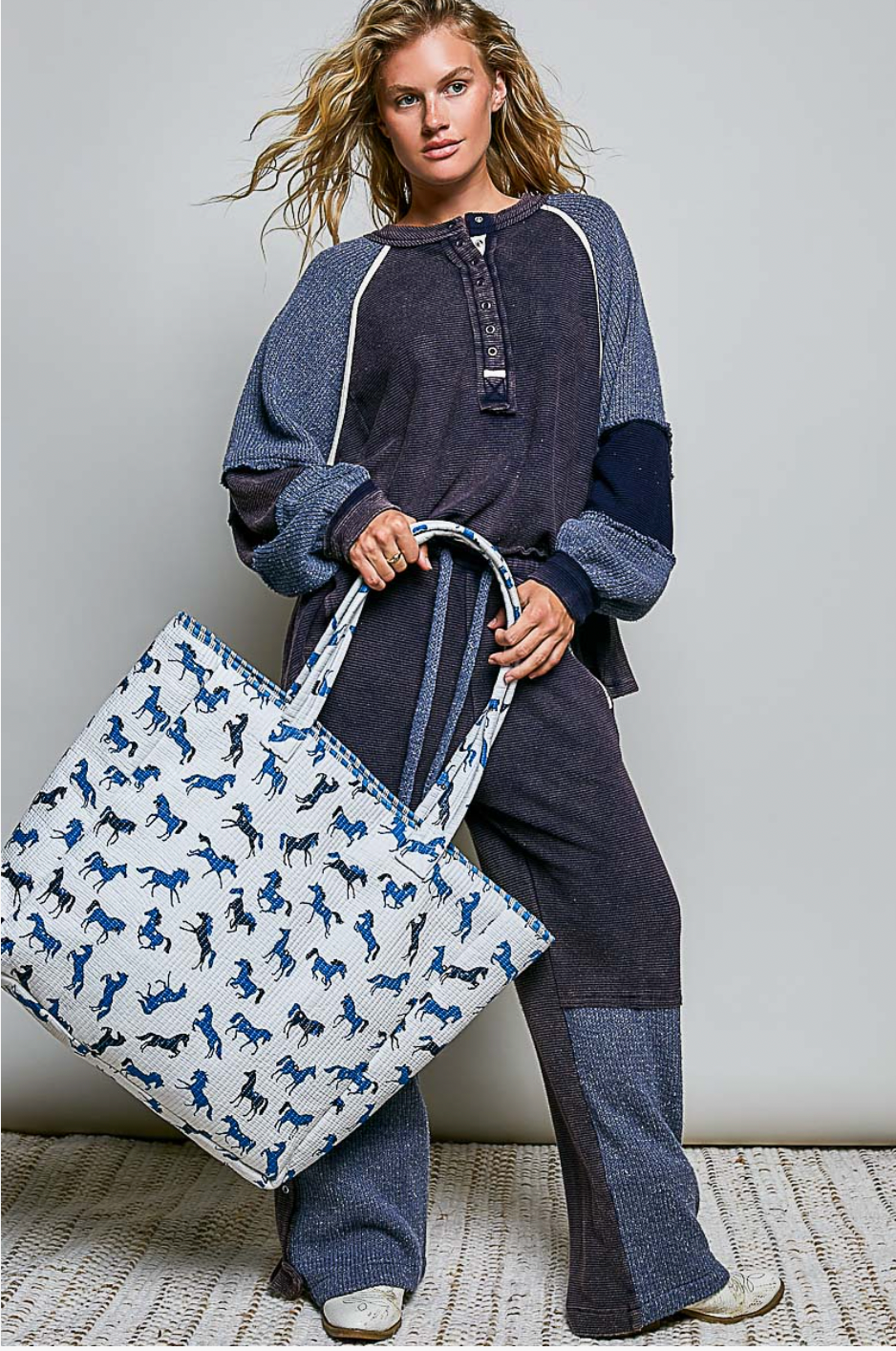 Blue Horse Quilted Tote Bag