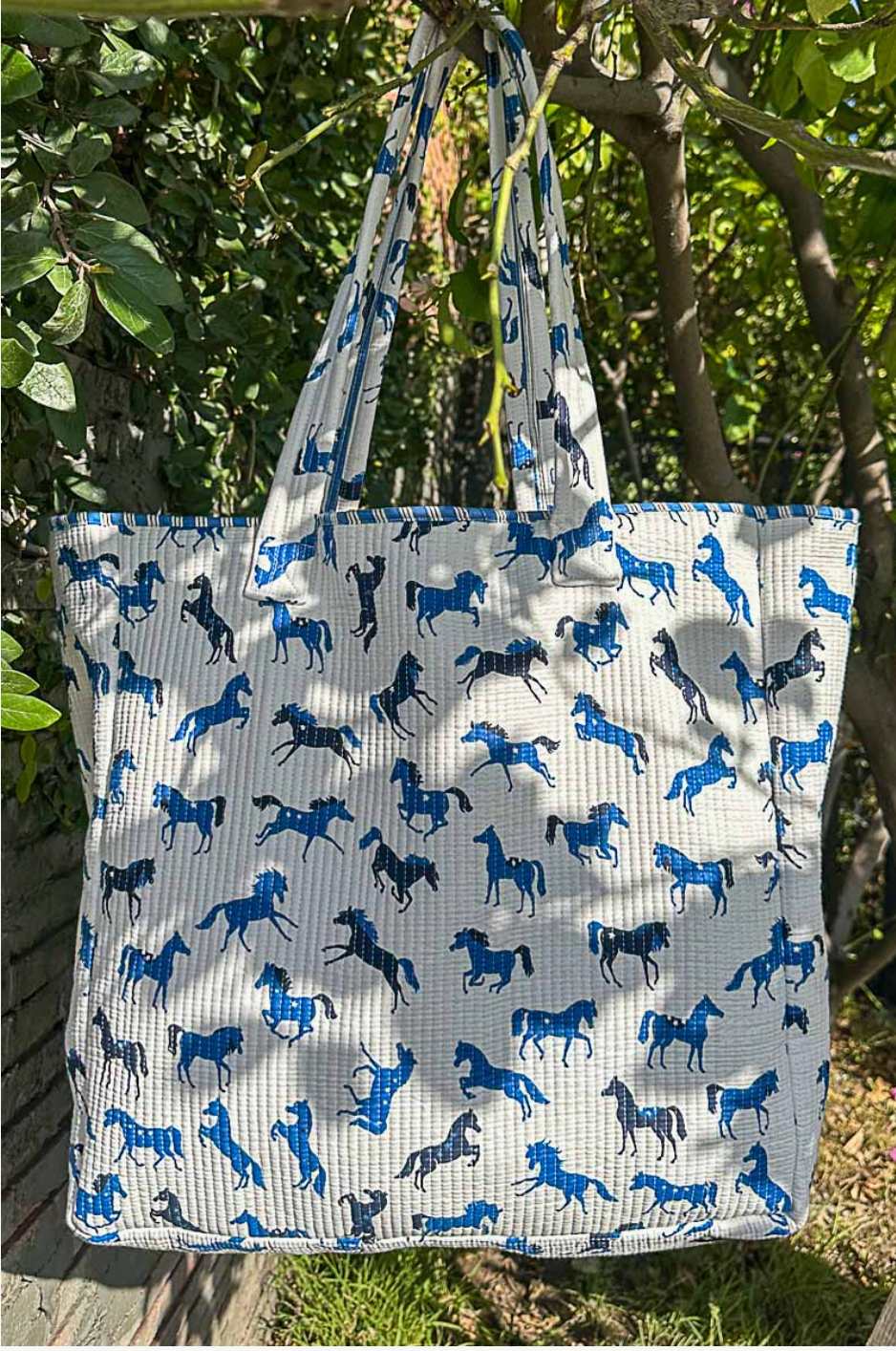 Blue Horse Quilted Tote Bag