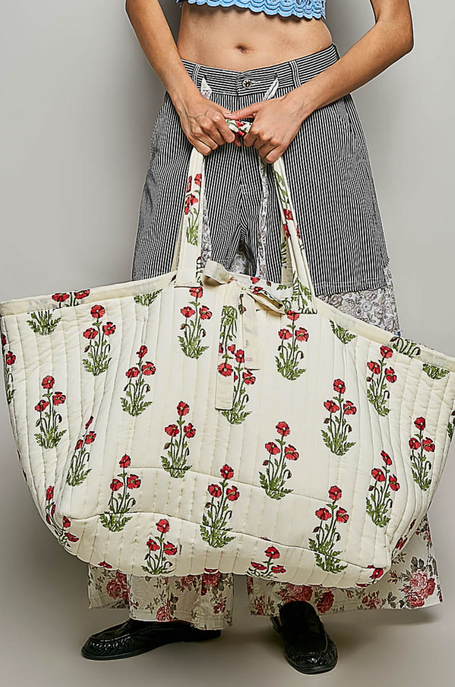 Poppy Ribbon-Tie Quilted Floral Jumbo Tote Bag