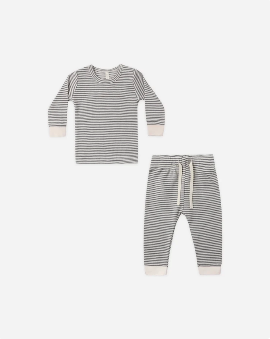Quincy Mae  Waffle Top + Pant Set Midnight Microstripe