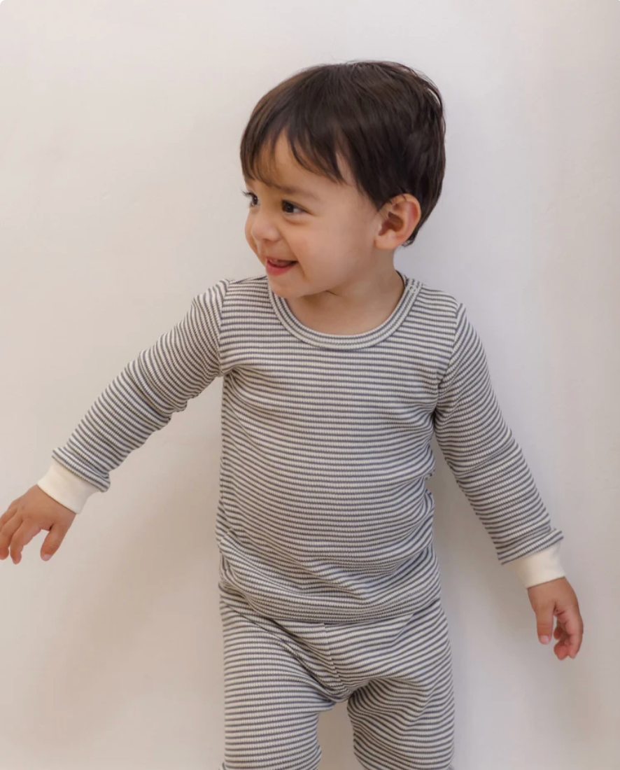 Quincy Mae  Waffle Top + Pant Set Midnight Microstripe