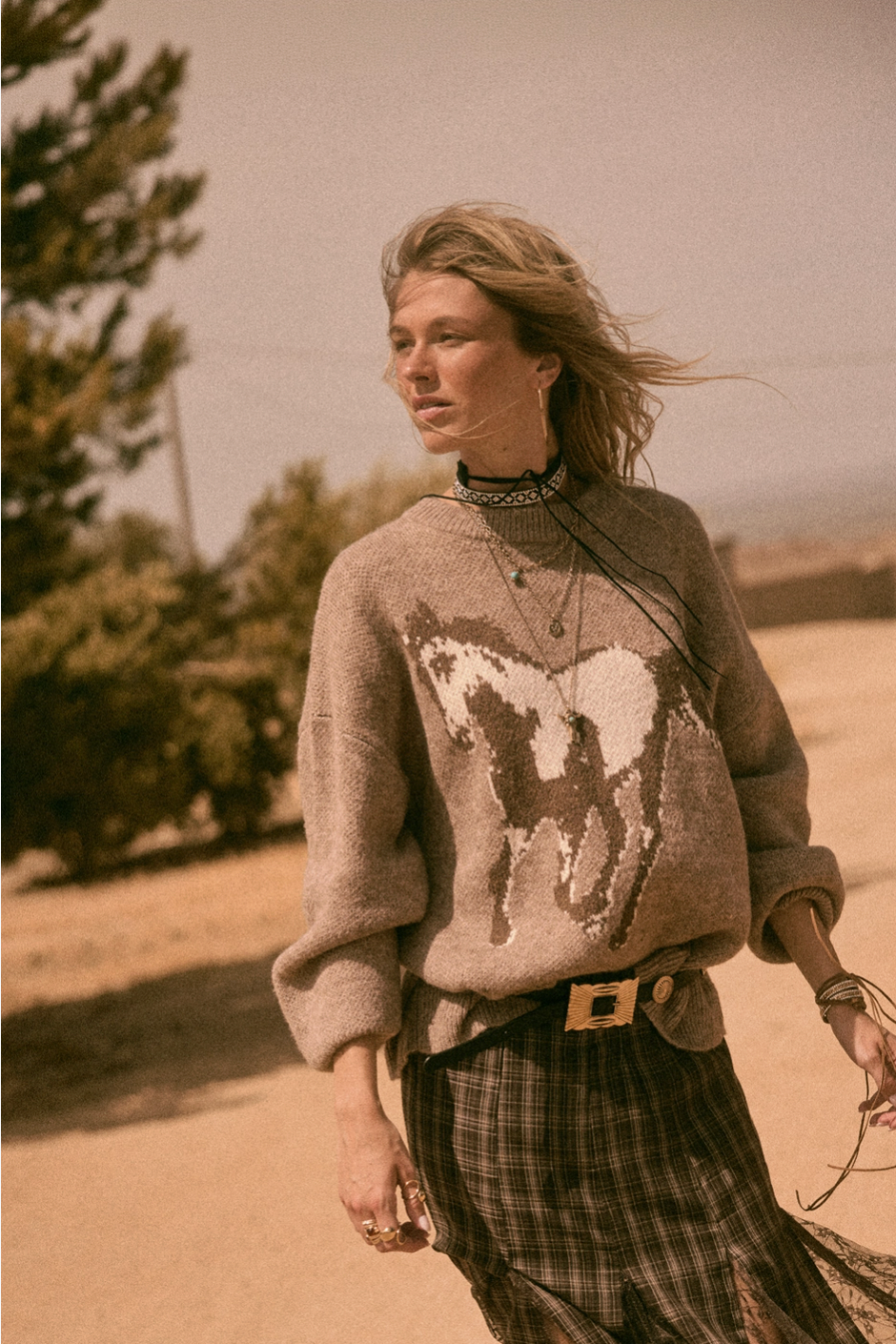 Horse Jacquard-Knit Loose-Fit Drop-Shoulder Sweater
