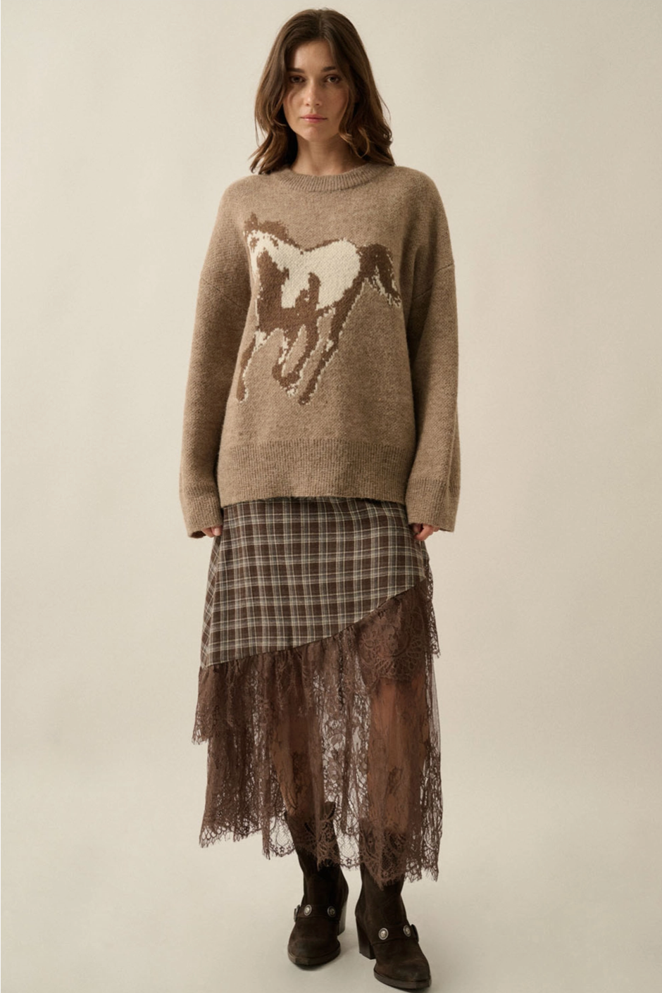 Horse Jacquard-Knit Loose-Fit Drop-Shoulder Sweater