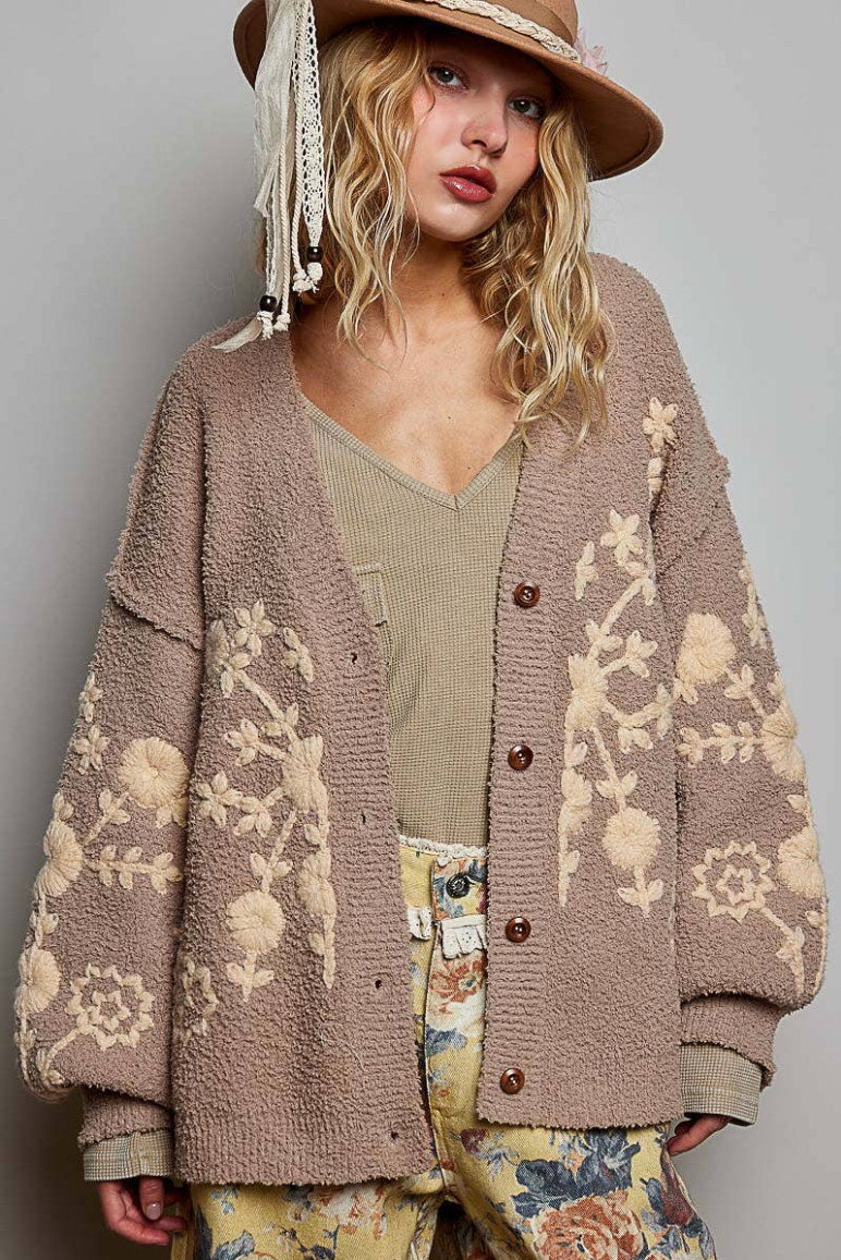 Astrid Floral Knit Cardigan - Latte
