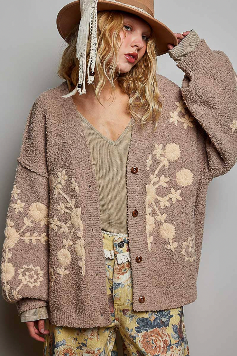 Astrid Floral Knit Cardigan - Latte