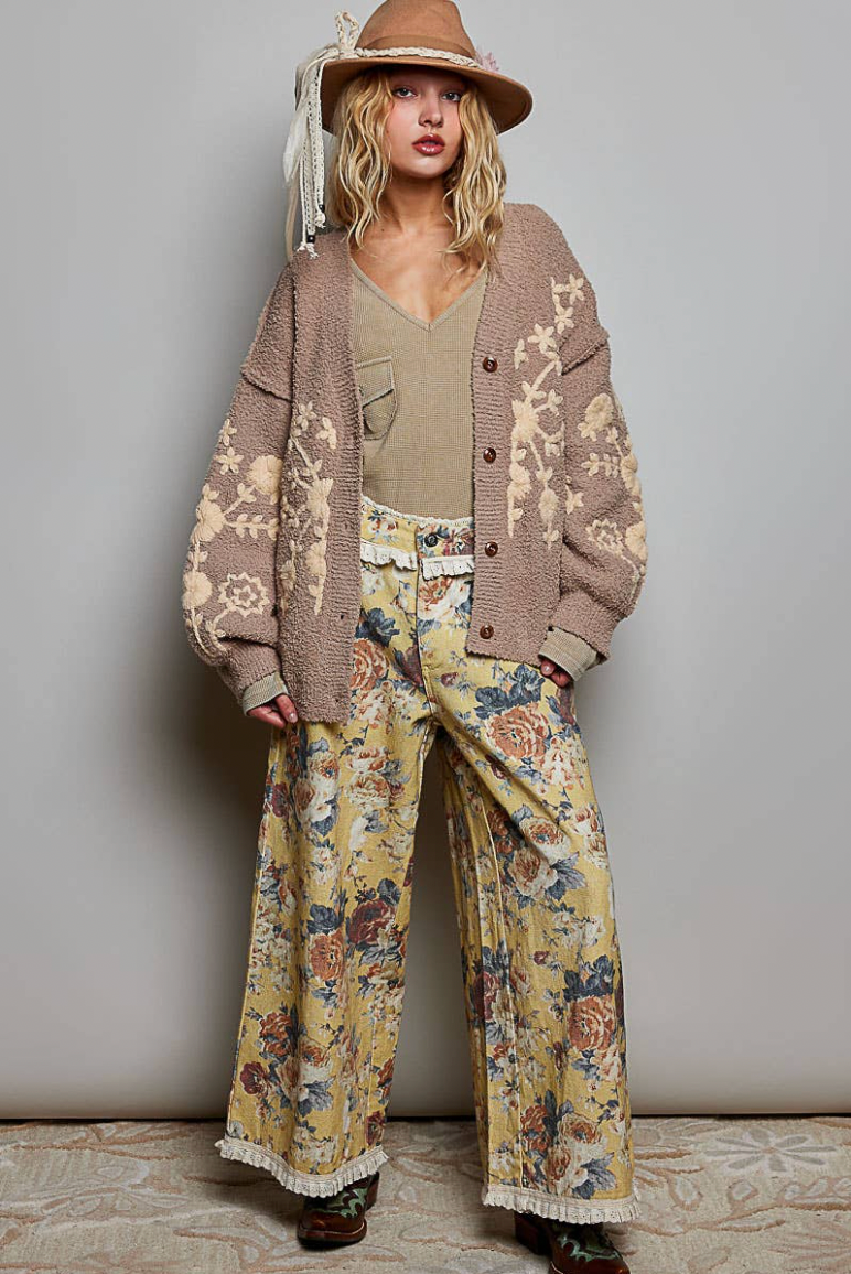 Astrid Floral Knit Cardigan - Latte
