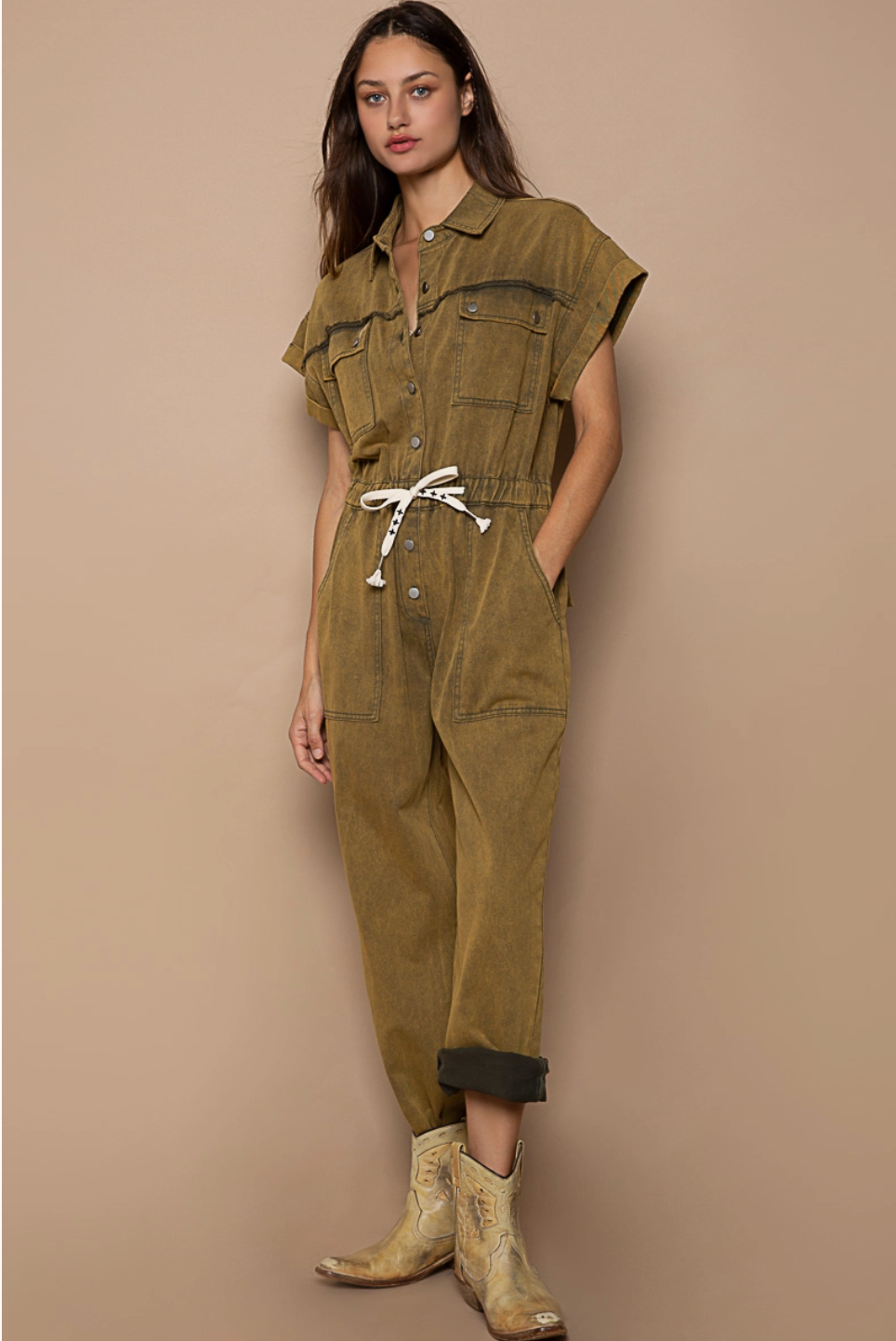 Waist Drawstring Rolled Short Sleeve Pocket Jumpsuit