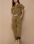 Waist Drawstring Rolled Short Sleeve Pocket Jumpsuit