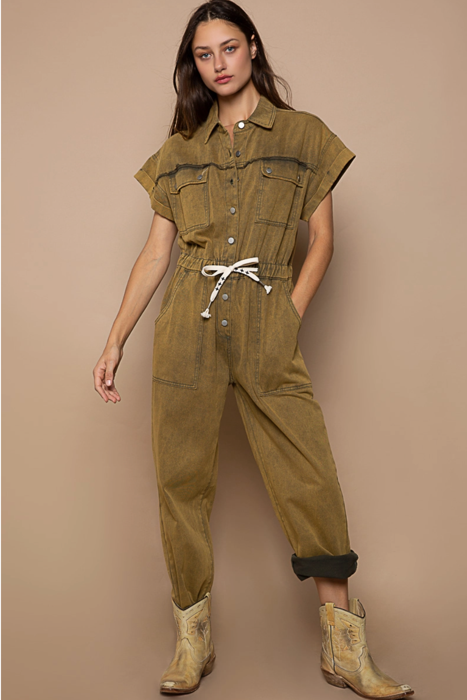 Waist Drawstring Rolled Short Sleeve Pocket Jumpsuit