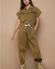 Waist Drawstring Rolled Short Sleeve Pocket Jumpsuit