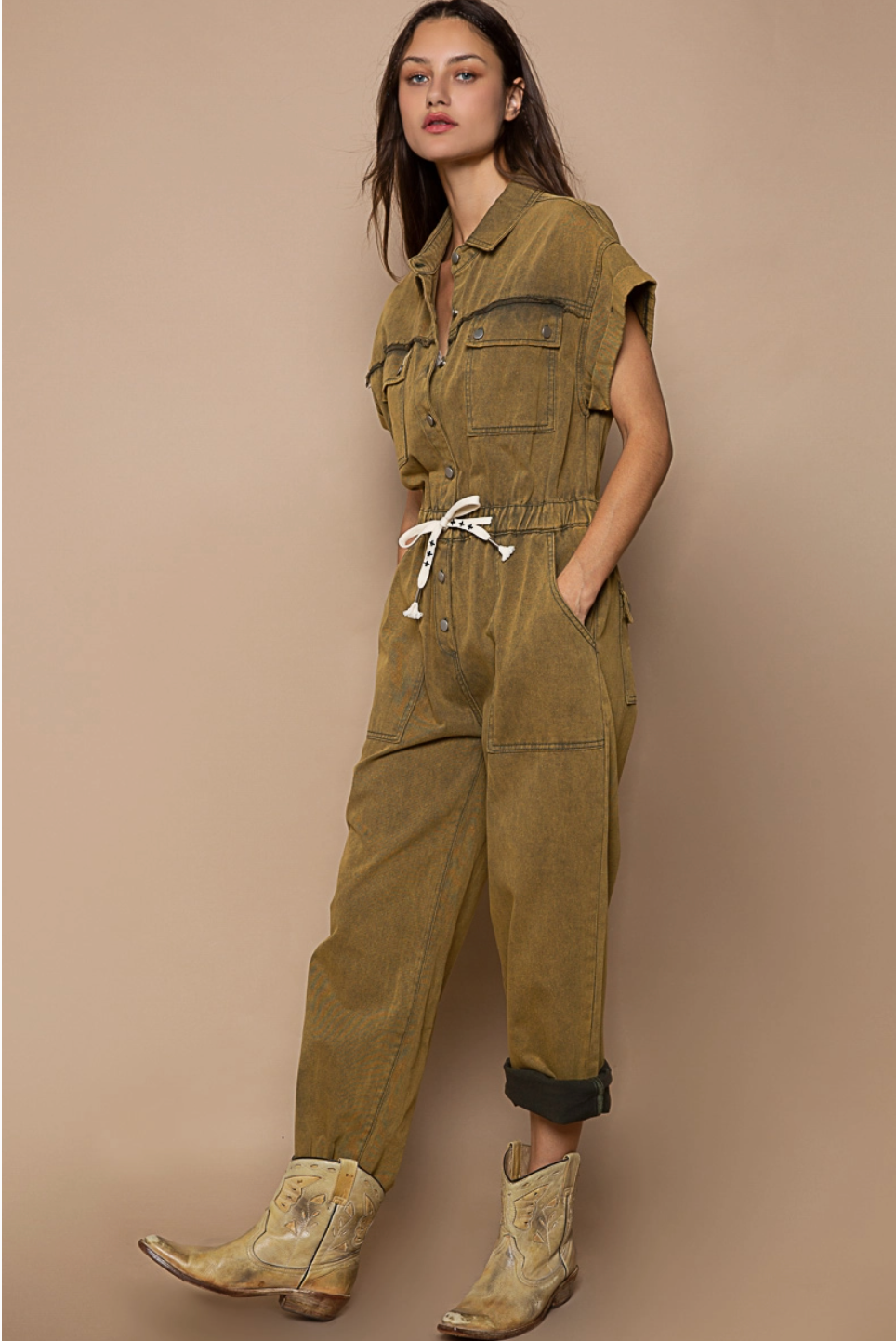 Waist Drawstring Rolled Short Sleeve Pocket Jumpsuit